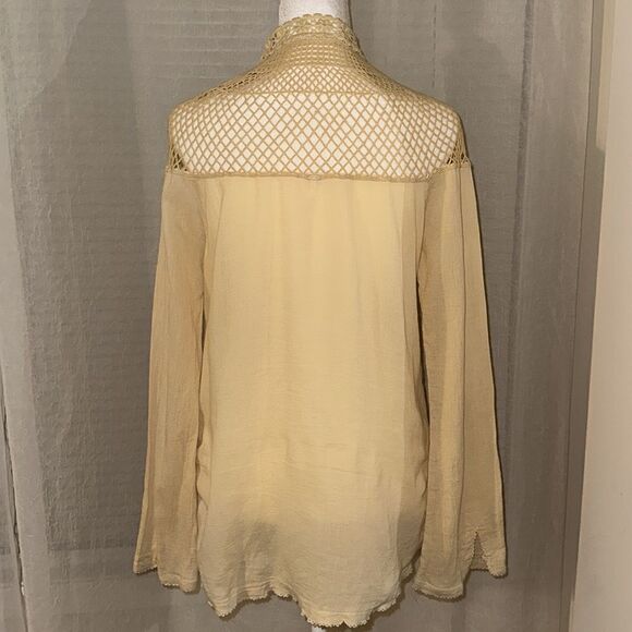 fp S Pale Yellow On The Island Crochet Yoke High Neck Sheer Mesh Bell Sleeve Top - Picture 4 of 14